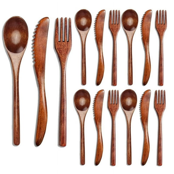 15 Pcs Wooden Spoon Fork Knife Cutlery Set Wooden Dinner Utensil Set Kitchen Wooden Cutlery Set