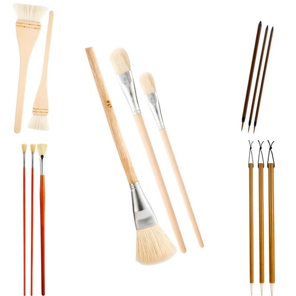 15 Pcs Wool Paint Brush Set, Sheep Hair Art Brushes for Watercolor Oil Painting, Assorted Tips, Wooden Handle, Easy Clean Glazing Brushes for Pottery, Ceramic Craft & Detailing, 11.8 x 4.7 x 1.2 in