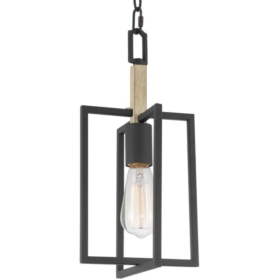 15" Pendant Light + Open Design, Bleached Oak Wood Finish + Sandblasted Black Finish