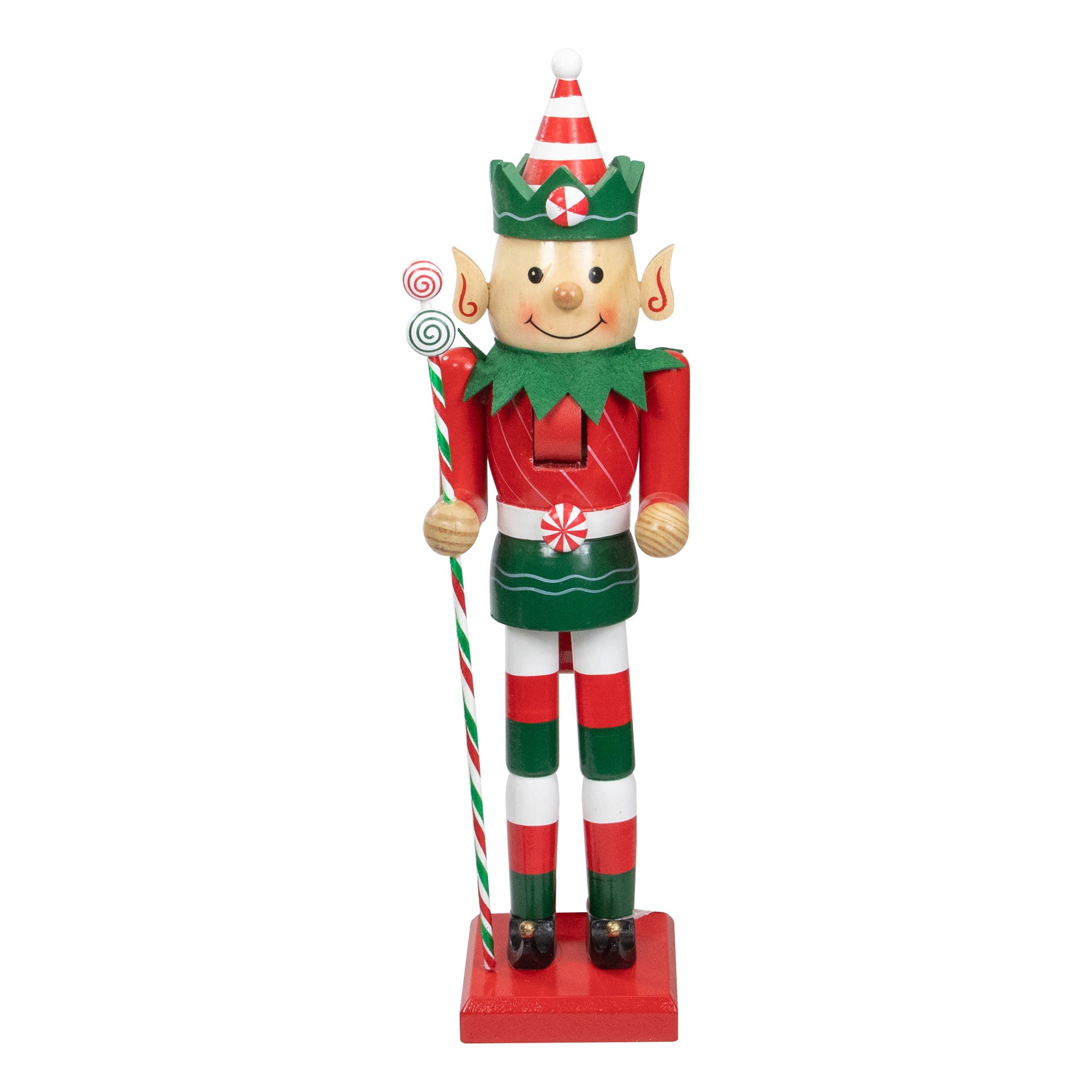 15" Peppermint Twist Red White and Green Wooden Christmas Elf Nutcracker