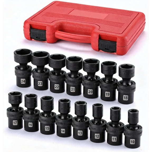 15-Piece 1 2 Inch Drive Shallow Universal Impact Socket Set Metric 10-24mm with Swivel Wobble