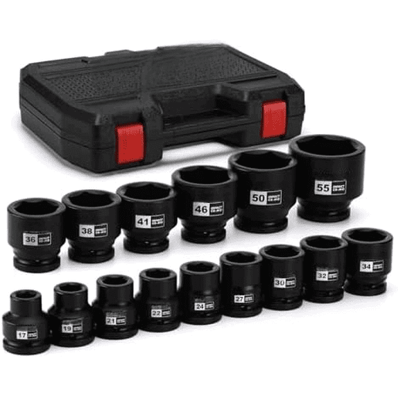 15-Piece 3/4" Drive Shallow Spindle Axle Nut Impact Socket Set, 6-Point, Standard Large Socket Set, Metric (17mm -55mm), CR-MO Steel, with Storage Case$$Tools & Hardware Other