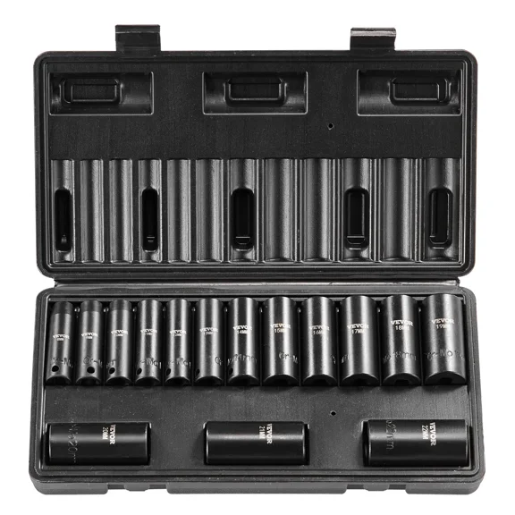 15-Piece 3/8" Drive Metric Deep Impact Socket Set 8-22mm,Durable Cr-Mo Steel,Easy-Read Markings,Ideal for Auto Repair,Comes with Storage Case