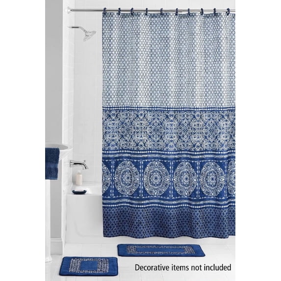 15 Piece Bath set: 2 Navy Blue Bathroom Mats, 1 Matching Shower Curtain, 12 Fabric Rings- Medallion