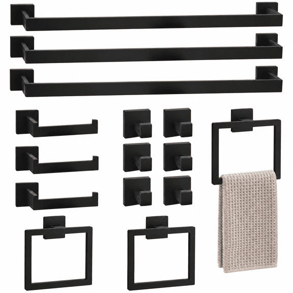 15-Piece Bathroom Hardware Set with Towel Bar, Hook, Paper Holder and Ring