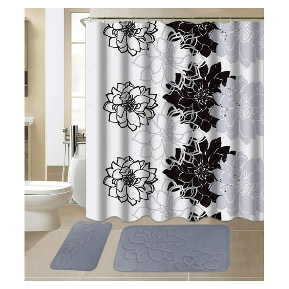 15-Piece Bathroom Set with 2 Memory Foam Bath Mats, Matching Shower Curtain, and Accessories - Soft, Absorbent, and Stylish for Modern Bathrooms (Flower Grey)