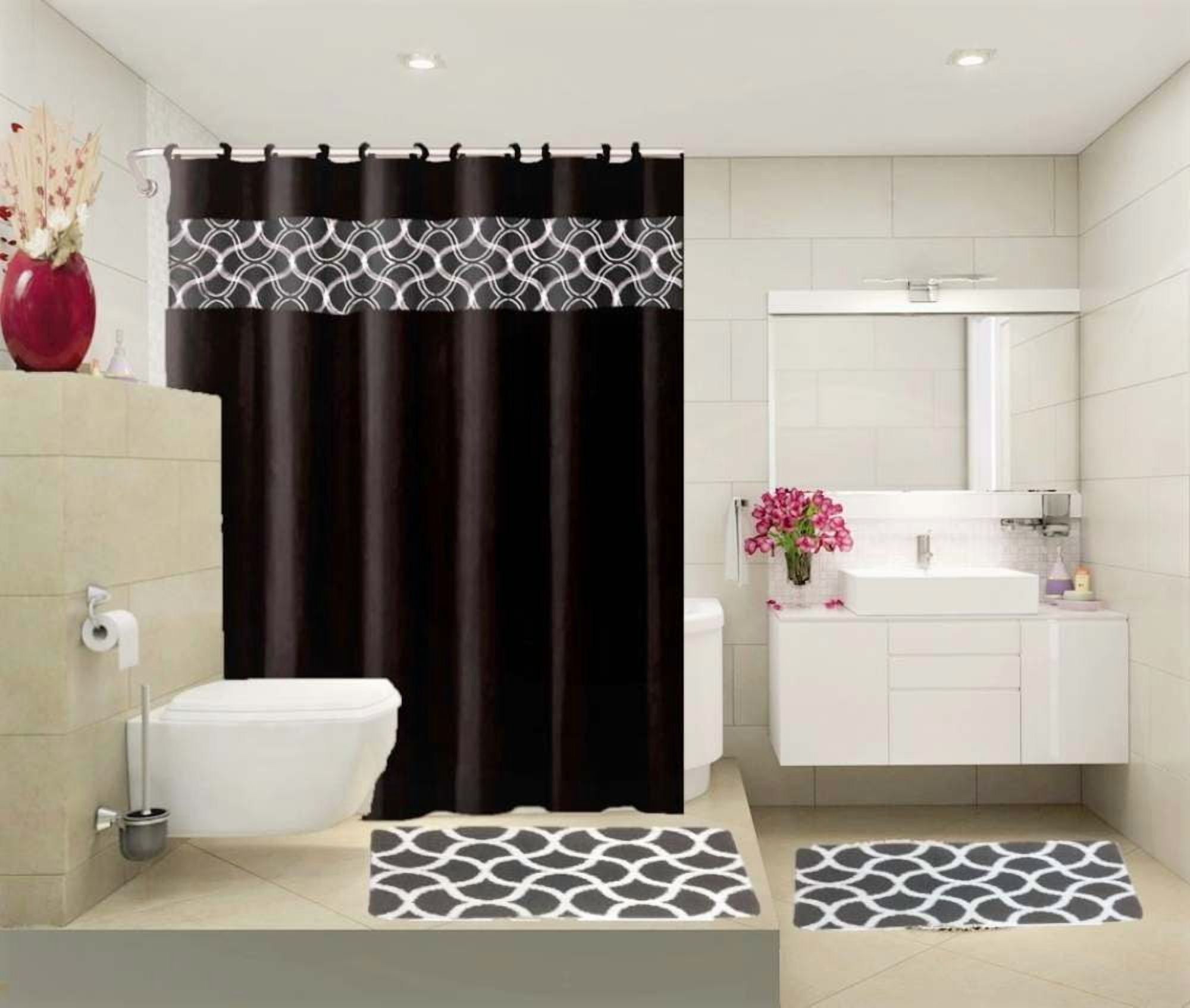 15-Piece Bathroom Set : 2-Rugs/Mats, 1 -Fabric Shower Curtain, 12-Fabric Covered Rings Non Slip Rugs Home Décor Geometric Black