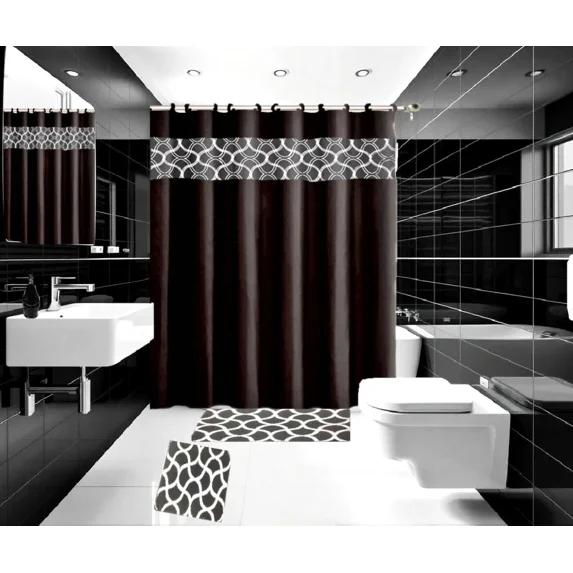 Gorgeous Home Linen 15-Piece Bathroom Set 2-Rugs/Mats, 1 -Fabric Shower Curtain, 12-Fabric Covered Rings Geometric Black