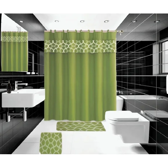 Gorgeous Home Linen 15-Piece Bathroom Set 2-Rugs/Mats, 1 -Fabric Shower Curtain, 12-Fabric Covered Rings Geometric Green