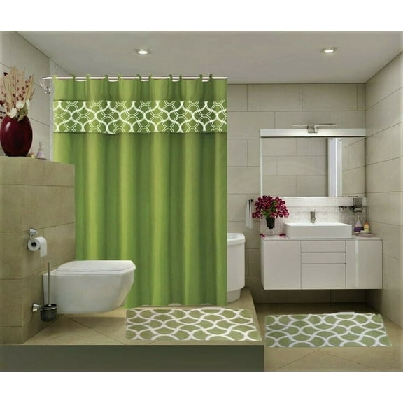 15-Piece Bathroom Set : 2-Rugs/Mats, 1 -Fabric Shower Curtain, 12-Fabric Covered Rings Non Slip Rugs Home Dcor Geometric Sage