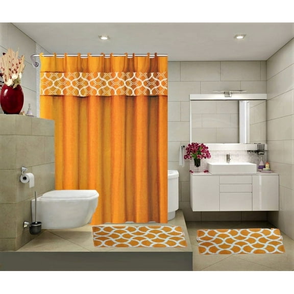 15-Piece Bathroom Set: 2-Rugs/Mats, 1 -Fabric Shower Curtain, 12-Fabric Covered Rings Non Slip Rugs Home Dcor Geometric Orange