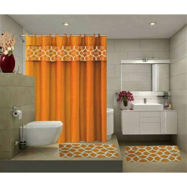 15-Piece Bathroom Set: 2-Rugs/Mats, 1 -Fabric Shower Curtain, 12-Fabric  Covered Rings Non Slip Rugs Home Dcor Geometric Orange