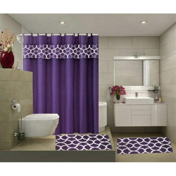 15-Piece Bathroom Set: 2-Rugs/Mats, 1 -Fabric Shower Curtain, 12-Fabric Covered Rings Non Slip Rugs Home Dcor Geometric Purple