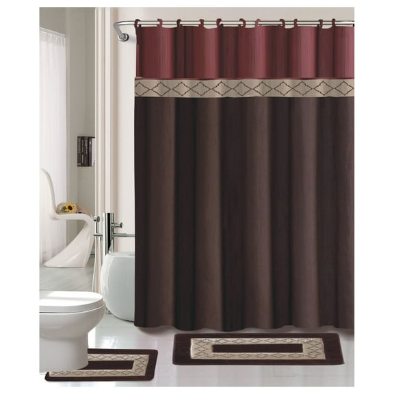 15-Piece Bathroom Set : 2-Rugs/Mats Non Slip, 1 Fabric Shower Curtain, With 12-Fabric Covered Rings, Different Styles and Colors For Home Bath Dcor Dinasty Burgundy #2