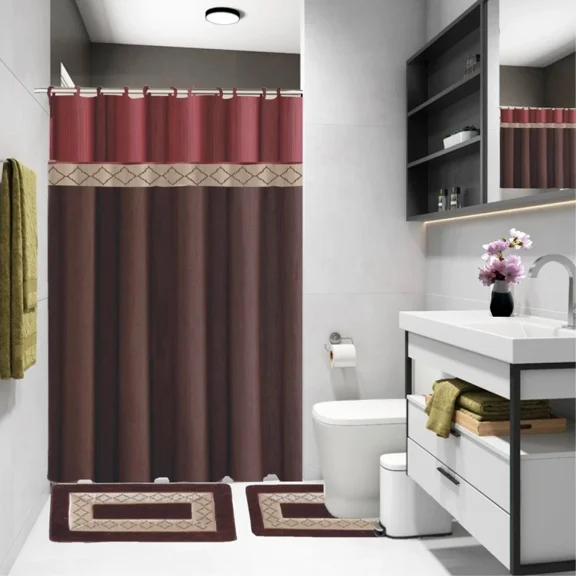 Gorgeous Home Linen 15-Piece Bathroom Set, Fabric Shower Curtain, 2 Non-Slip Rugs
