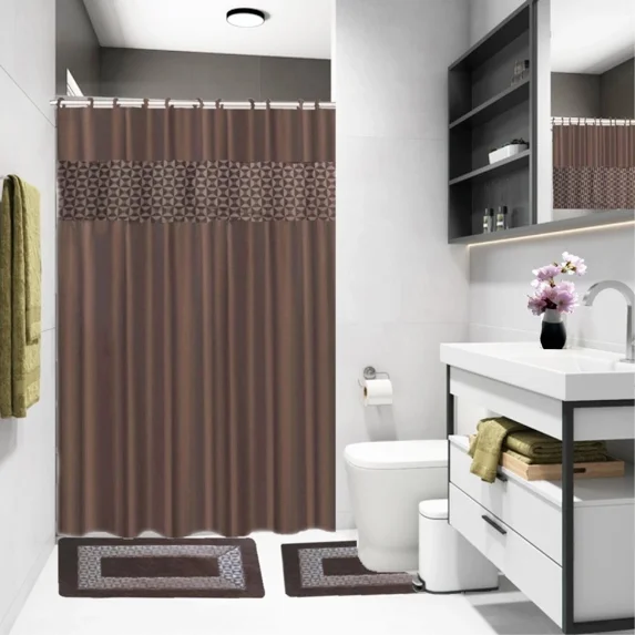 Gorgeous Home Linen 15-Piece Bathroom Set, Fabric Shower Curtain, 2 Non-Slip Rugs