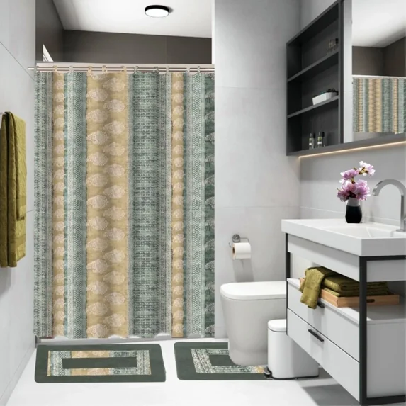 Gorgeous Home Linen 15-Piece Bathroom Set, Fabric Shower Curtain, 2 Non-Slip Rugs