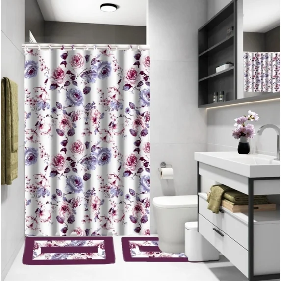 Gorgeous Home Linen 15-Piece Bathroom Set, Fabric Shower Curtain, 2 Non-Slip Rugs