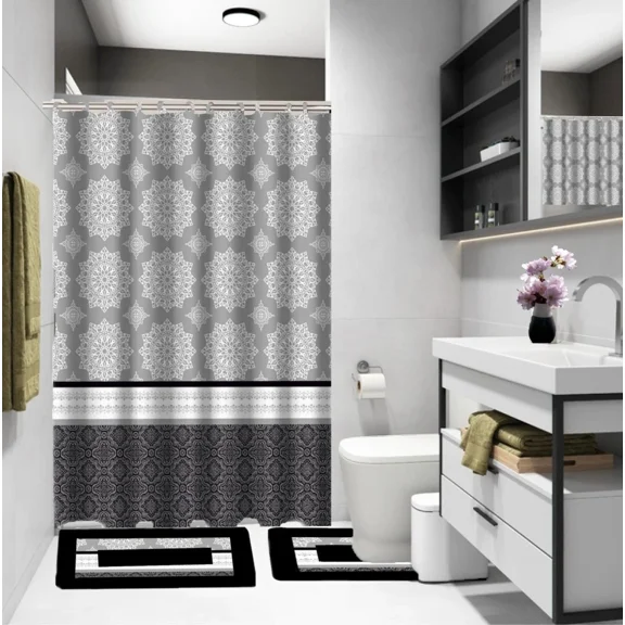 Gorgeous Home Linen 15-Piece Bathroom Set, Fabric Shower Curtain, 2 Non-Slip Rugs