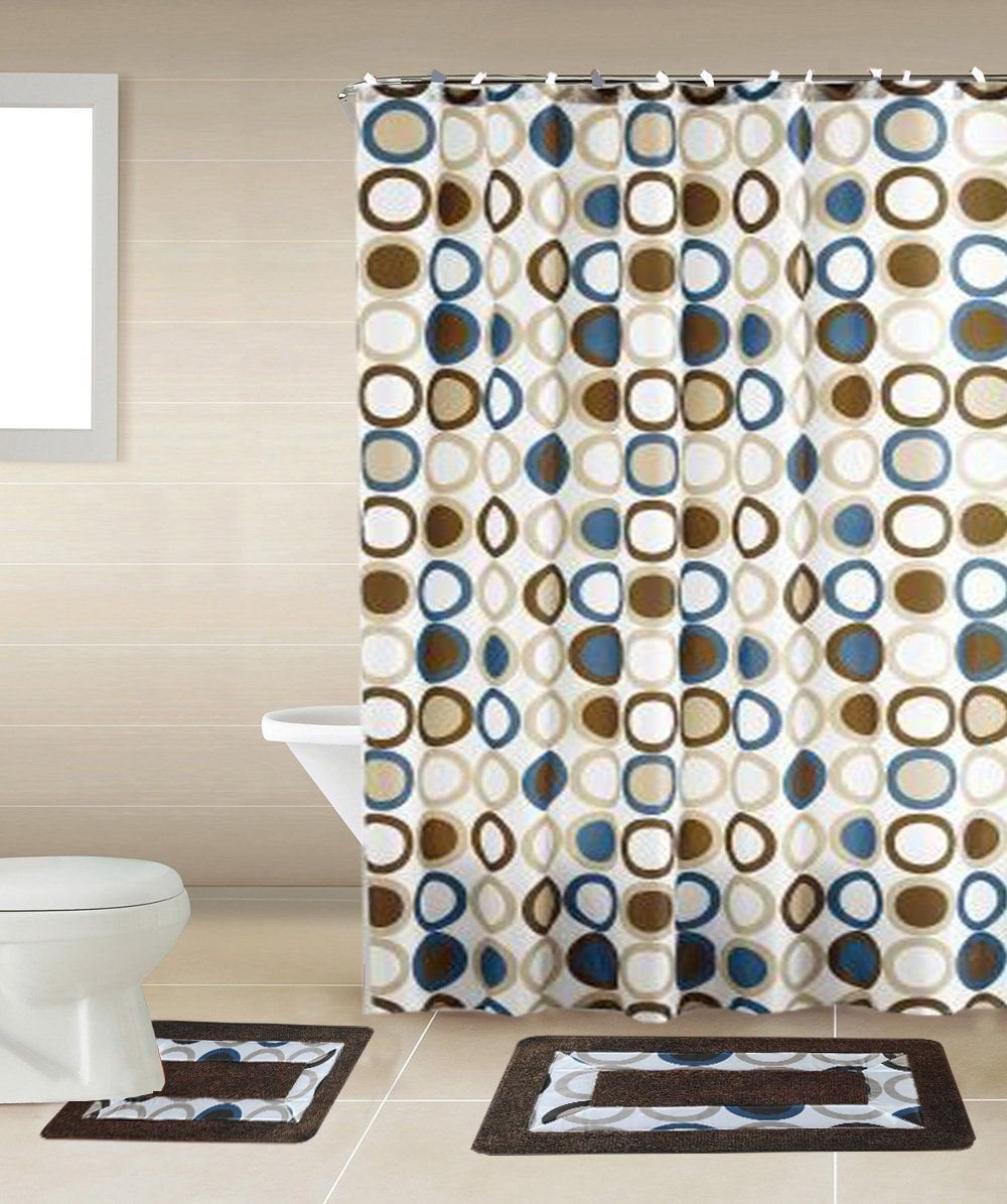 15-Piece Bathroom Set: 2-Rugs/Mats Non Slip, 1 Fabric Shower Curtain, With 12-Fabric Covered Rings, Different Styles and Colors For Home Bath Dcor Mosaic Brown