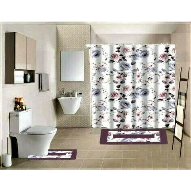 15-Piece Bathroom Set: 2-Rugs/Mats Non Slip, 1 Fabric Shower Curtain ...