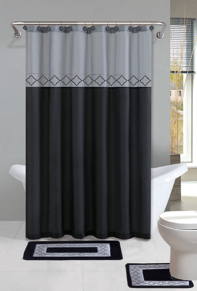 15-Piece Bathroom Set: 2-Rugs/Mats Non Slip, 1 Fabric Shower Curtain, With 12-Fabric Covered Rings, Different Styles and Colors For Home Bath Dcor Ryan Black