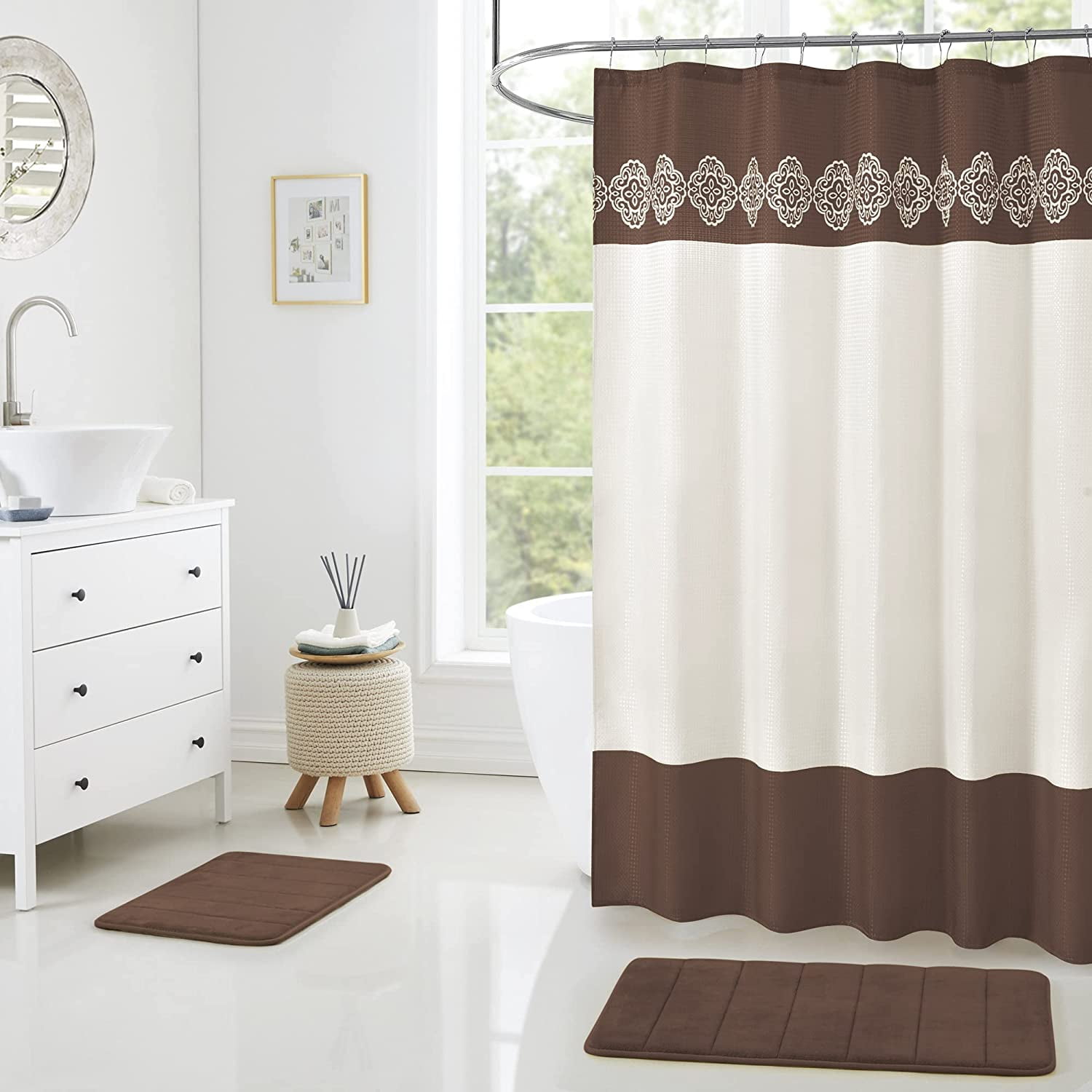 15 Piece Bathroom Shower Curtain Set with Matching Memory Foam Bath Rugs. 2  Solid Grey Beige Color Modern Design None-Slip Bath Mats Includes12 Roller  Ball Hooks Style Carrie (Gray) - Walmart.com