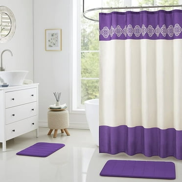 15 Piece Bathroom Shower Curtain Set with Matching Memory Foam Bath Rugs. 2 Solid Lavender Purple Beige Color Modern Design None-Slip Bath Mats Includes12 Roller Ball Hooks Style Carrie (Purple)