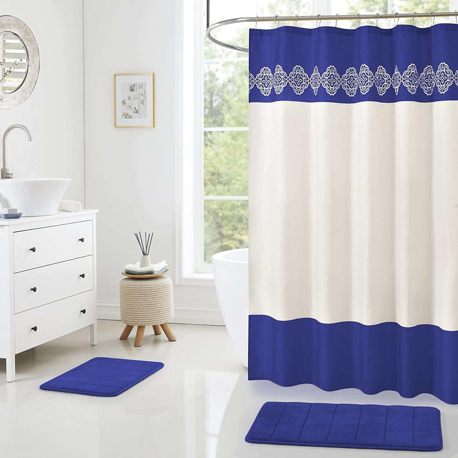 15 Piece Bathroom Shower Curtain Set with Matching Memory Foam Bath Rugs. 2 Solid Navy Blue Beige Color Modern Design None-Slip Bath Mats Includes12 Roller Ball Hooks Style Carrie (Navy)