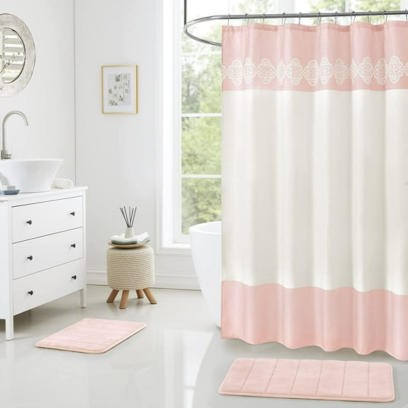 15 Piece Bathroom Shower Curtain Set with Matching Memory Foam Bath Rugs. 2 Solid Rose Pink Beige Color Modern Design None-Slip Bath Mats Includes12 Roller Ball Hooks Style Carrie (Lite Rose Pink)