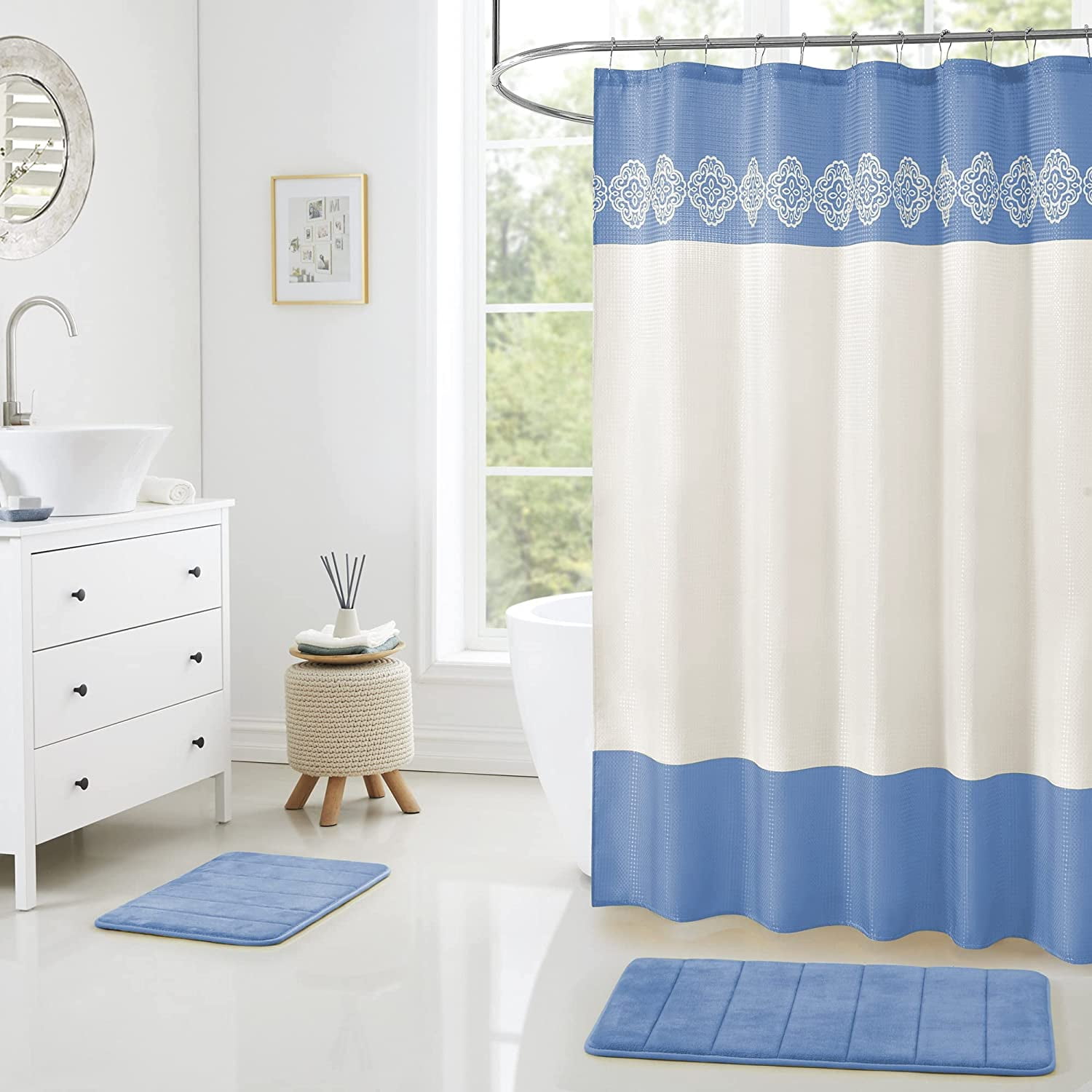 15 Piece Bathroom Shower Curtain Set with Matching Memory Foam Bath Rugs. 2 Solid Sky Blue Beige Color Modern Design None-Slip Bath Mats Includes12 Roller Ball Hooks Style Carrie (Lite Blue)