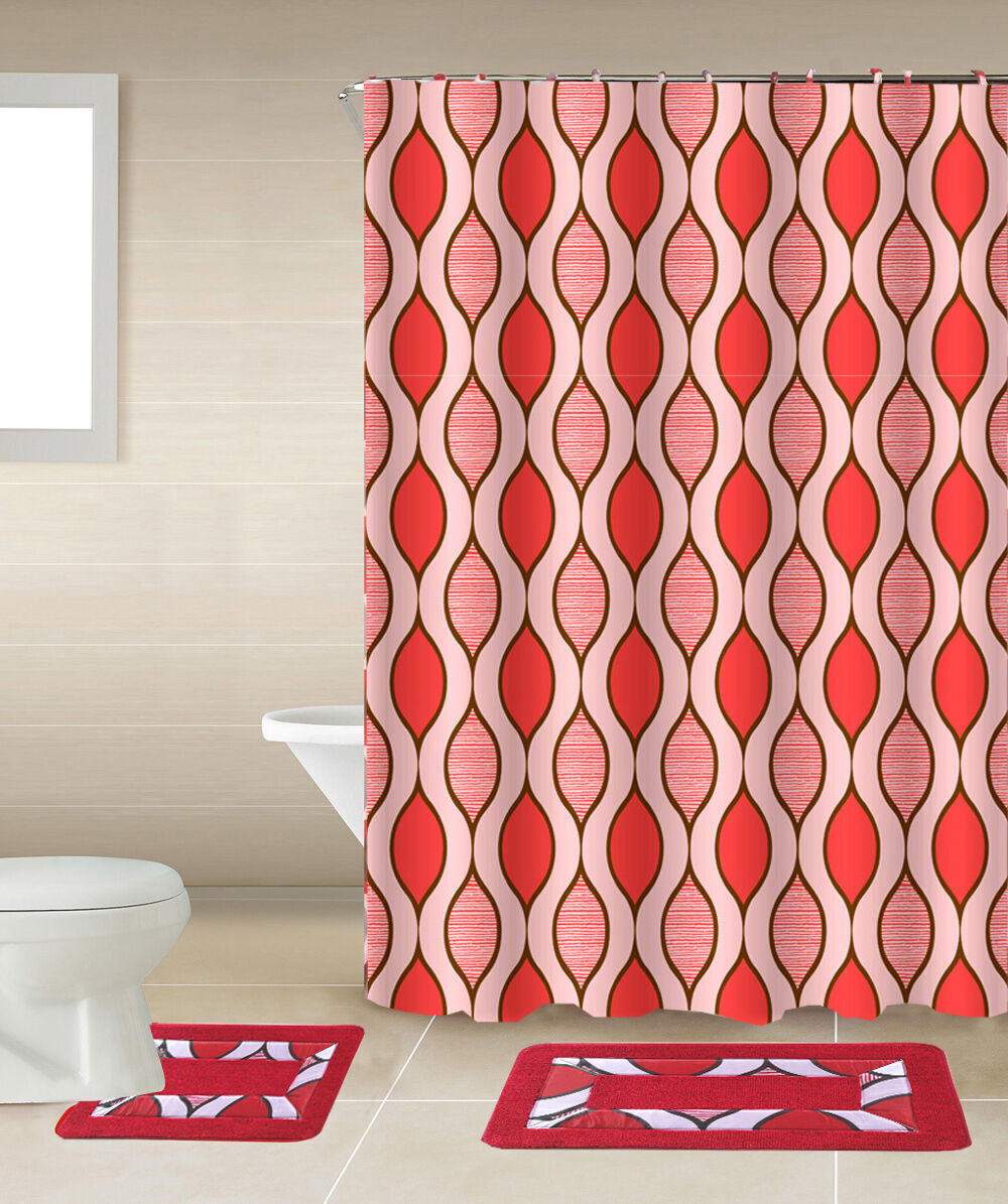 7 Piece Sinatra Blush Pink Shower Curtain, Resin Shower Hooks, 2 Rugs