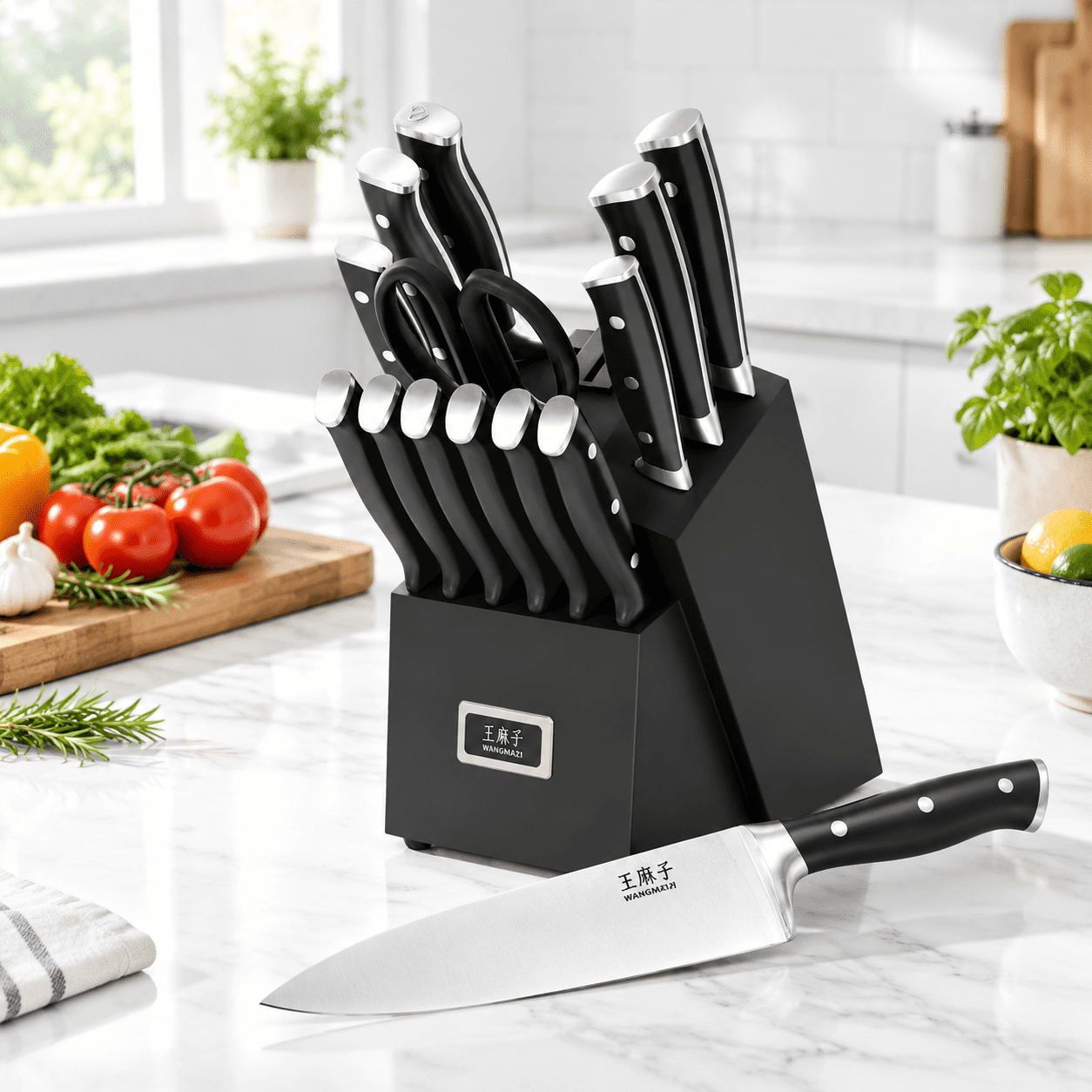 Lg Pro Kitchen 15-Piece Black Pro Kitchen Set with Wooden Block, High Carbon Steel ...