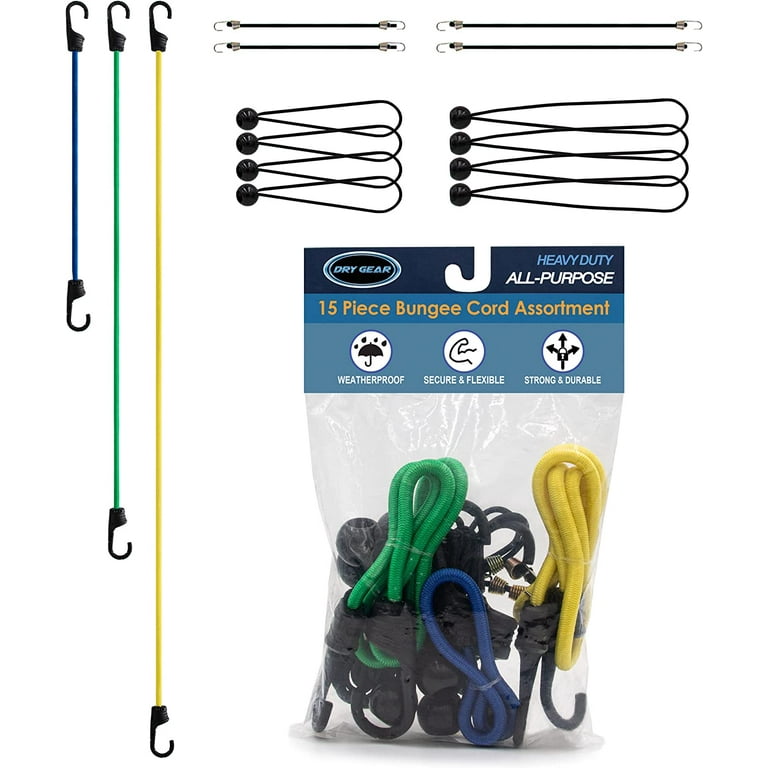 15 Piece Bungee Cord Assortment with Heavy Duty, Secure, Flexible &  Weatherproof Bungees, Metal Hooks & Canopy Ties by Dry Gear 