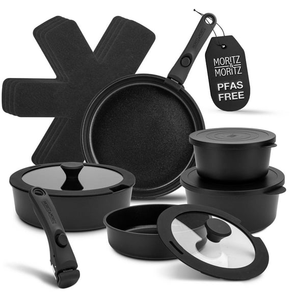 15-Piece Cast Aluminum Nonstick Cookware Set | Stackable Pots & Pans with Removable Handles, Granite Coating, Induction Compatible, Space-Saving, Black