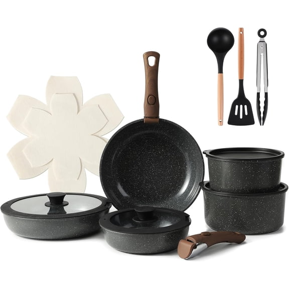 15 Piece Ceramic Non Stick Cookware Set with Detachable Handles Black