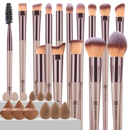 15-Piece Champagne Gold Makeup Brush Set + 12 Blending Sponges – Professional Foundation, Blush & Eyeshadow Brushes, Complete Face & Eye Makeup Kit