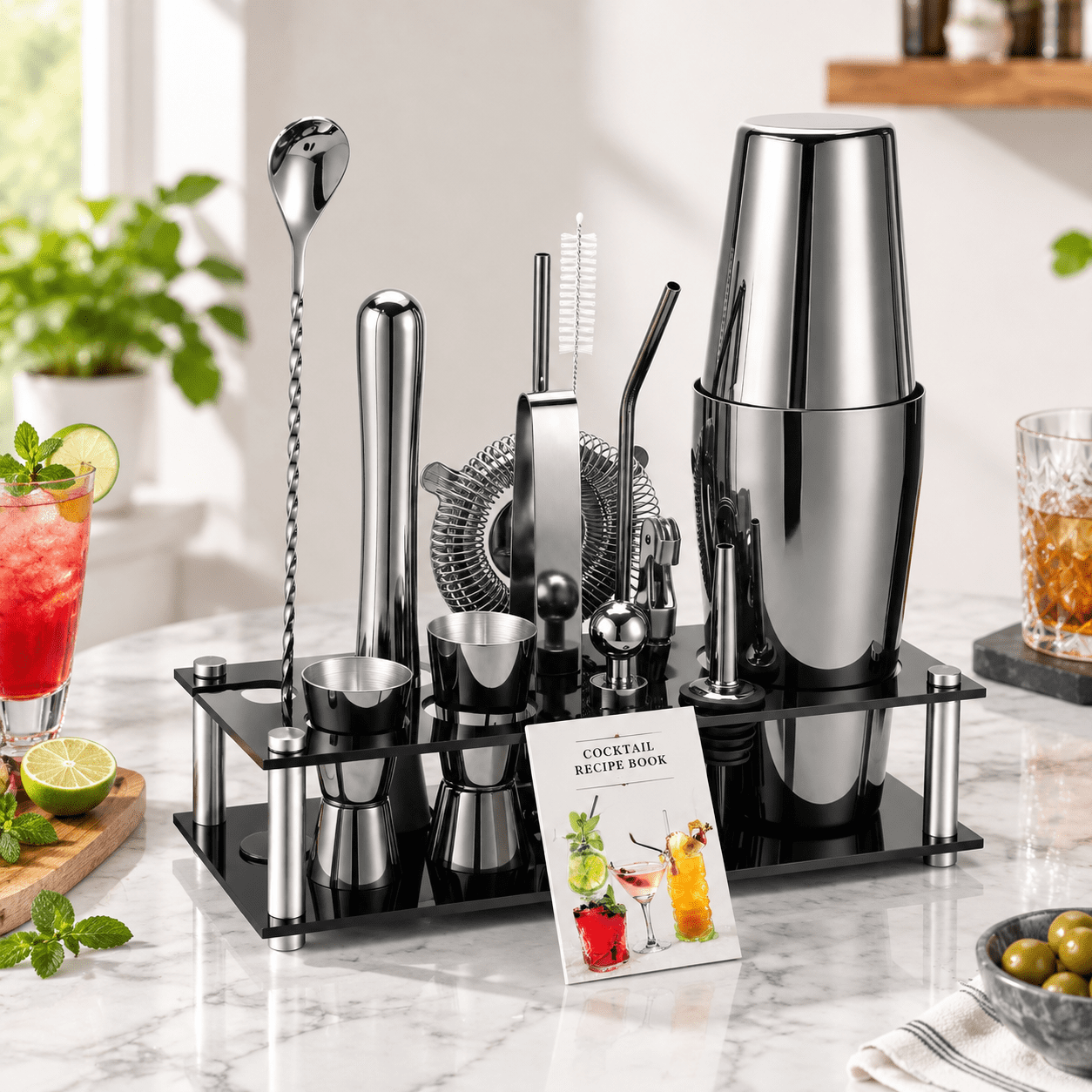 Cocktail Bar Collection 15-Piece Cocktail Shaker Bar Tool Set, Black, 18 Oz & 28 Oz, Stainless ...