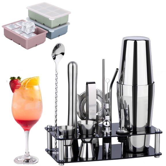 15-Piece Cocktail Shaker Set & Large Ice Cube Tray, Bartender Kit with Acrylic Stand, Stainless Steel Bar Tools for Home Mixology