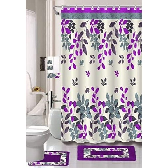 15 Piece Complete Bathroom Bundle Set Printed Design Assorted Colors Bathroom with Shower Curtain, with and Non Slip Math Rugs (Hinata Lilac)