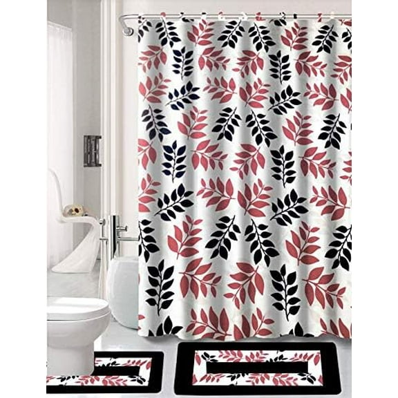 15 Piece Complete Bathroom Bundle Set Printed Design Assorted Colors Bathroom with Shower Curtain, with and Non Slip Math Rugs (Wesley Black)