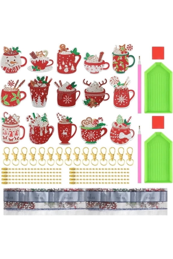15-Piece Complete Diamond Art Keychain Kit - Pre-Assembled Christmas Ornaments with Secure Hanging Strings