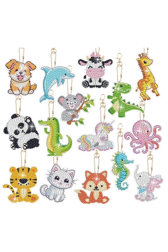 15 Piece DIY Animal Diamond Painting Double Sided Keychain Set, Diamond Pendant Hanging Animal Art Decoration for Adult Beginner Pack Birthday Family Party Decoration