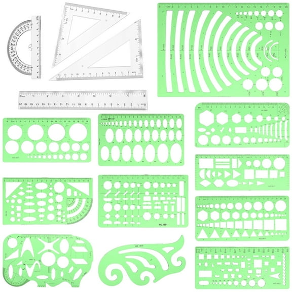 15 Clear Plastic Drafting Templates and Rulers with 11 Drafting Templates and 4 Measuring Tools for Architects, Designers, Students and Engineers