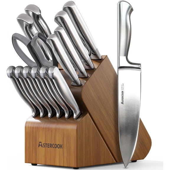 15 Piece German Steel Kitchen Knife Set with Built-in Sharpener and Rust-Resistant Dishwasher Safe Block in Walnut Brown