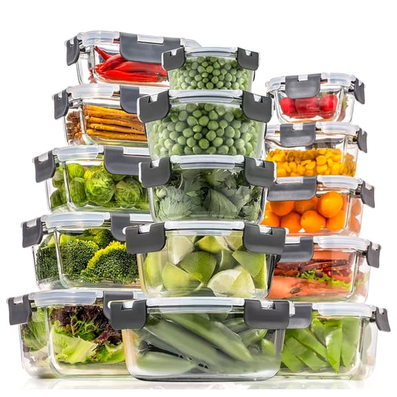 30pcs Glass Food Storage Containers with Lids Set, Glass Meal Prep Containers with Leak Proof Snap Lock Lids, Airtight Bento lunch Boxes