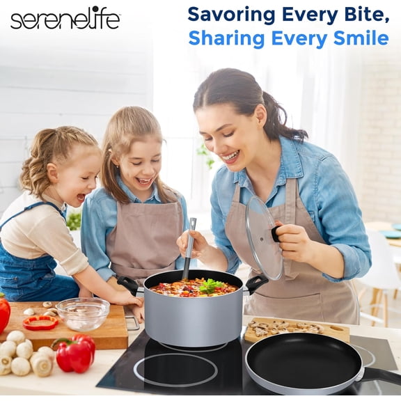 15-Piece Gray Kitchenware Set Non-Stick Pots & Pans, Heat Resistant Lacquer, Tempered Glass Lids, Italian Bakelite Handles, Dishwasher Safe, Includes Utensils