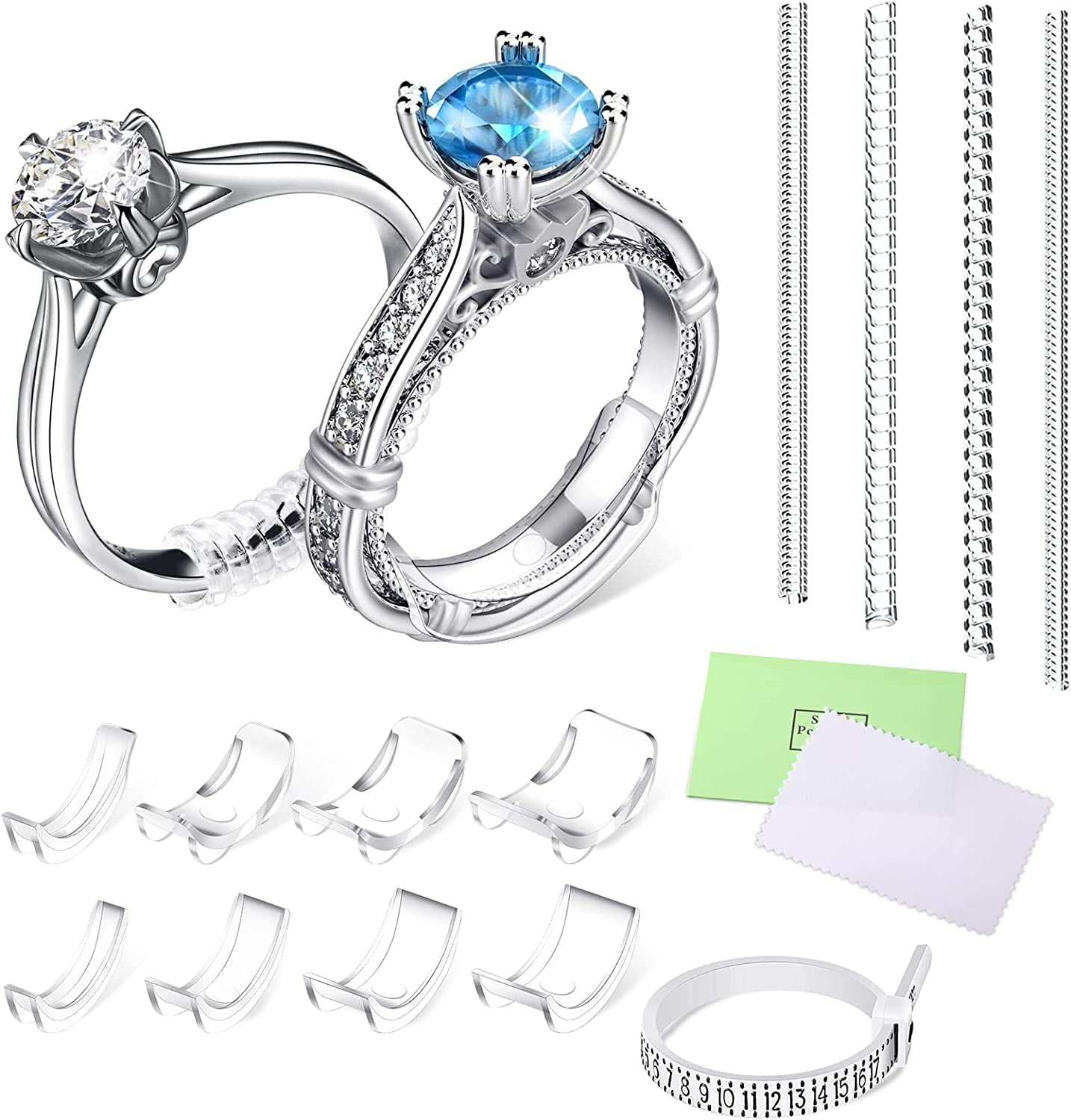 TOSEERY 15 Piece Invisible Ring Size Adjusters, Loose Ring Size Adjusters, 2 Styles Ring Spacer Protector Adjuster with Jewelry Sizing Band, Polishing Cloth for Men's and Women's Rings (12 Sizes)