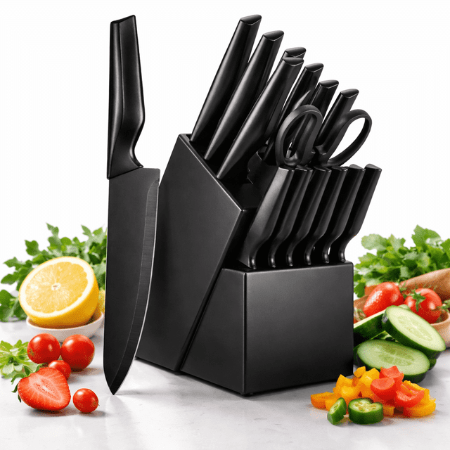Sharp Point Screwdriver 15-Piece Kitchen Knife Set with Block, High Carbon Stainless Steel Chef ...