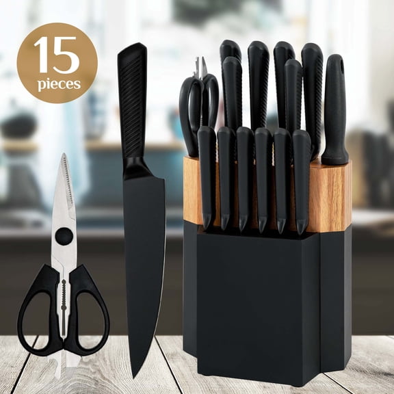 Professional 15-Piece Kitchen Knife Set with Block, Black Non-Stick Coating Stainless Steel Knife Set, Ultra Sharp & Rust-Resistant, Includes 6 Steak Knives and Sharpener